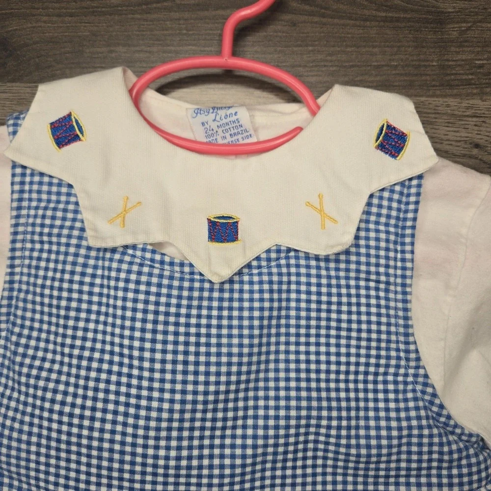 Vtg Itsy Bitsy by Lione 2 Piece Gingham Romper &‎ Collared Top 24m Poly Filled